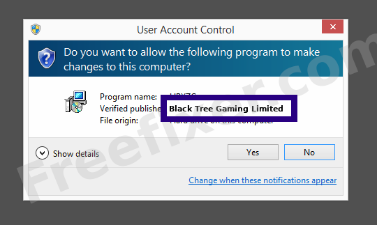 Screenshot where Black Tree Gaming Limited appears as the verified publisher in the UAC dialog